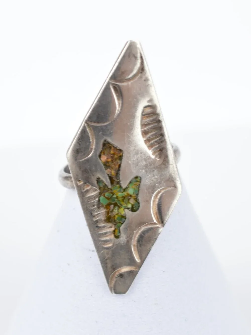 Vintage Navajo Sterling Silver Peyote Bird Waterbird Chip Inlay Ring Size 3.5